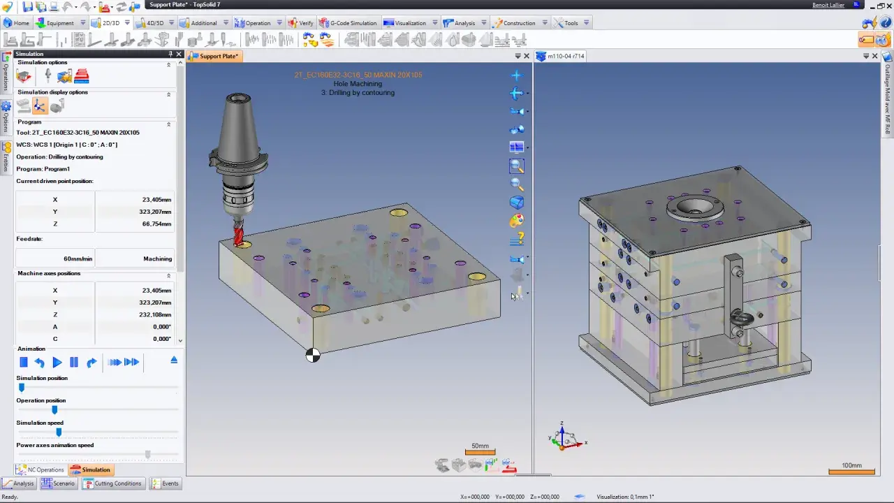 Simulazione CAD/CAM di una fresatura su una piastra di supporto. Il software mostra il processo di foratura, evidenziando il significato del cad cam nella produzione.