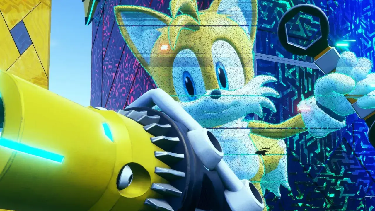 Tails z Sonic Frontiers naprawia coś przy użyciu klucza.