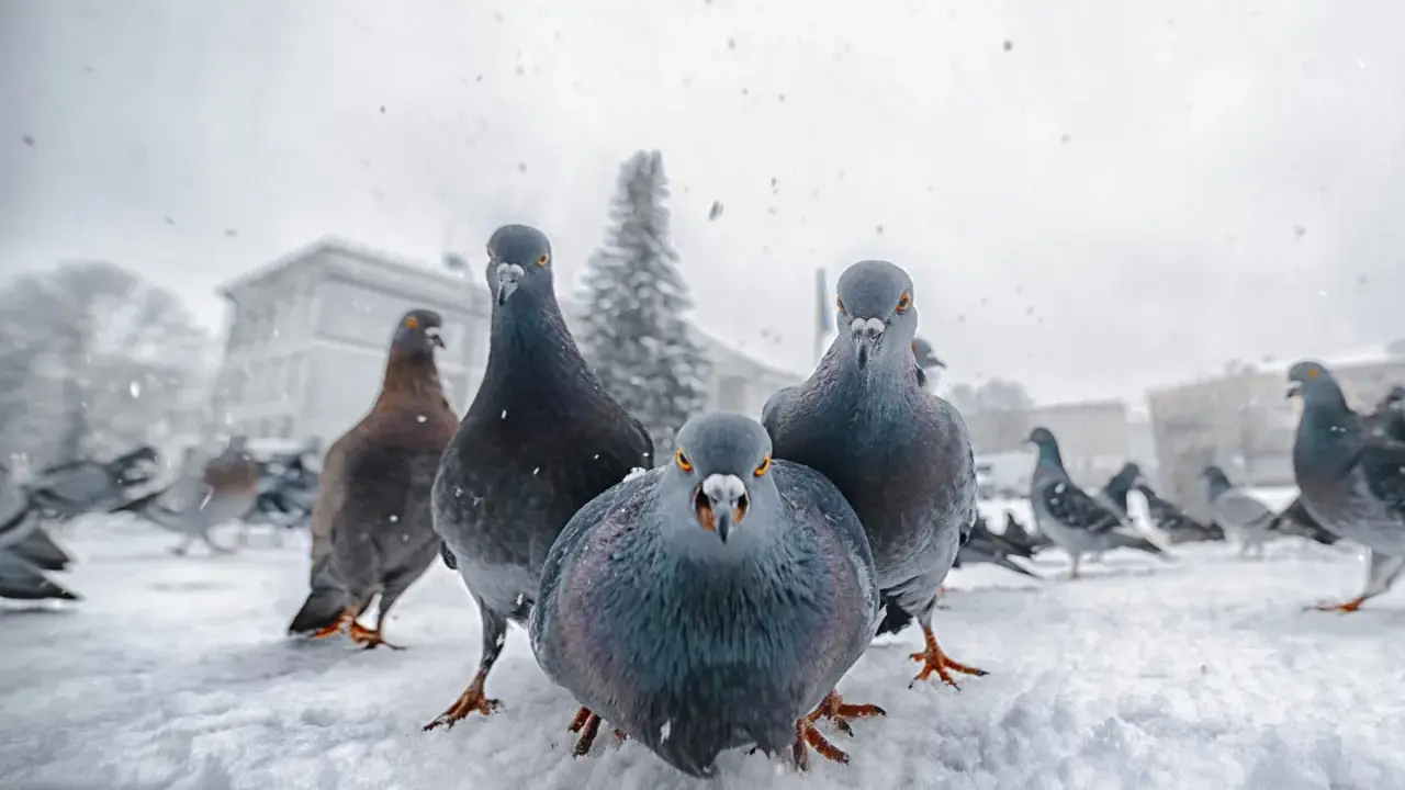 Un gruppo di piccioni si avvicina minacciosamente sulla neve, un'immagine che potrebbe scatenare la fobia dei piccioni.