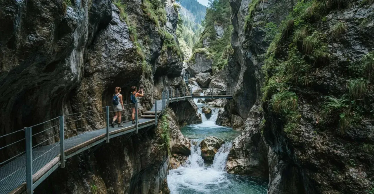 Due escursioniste attraversano passerelle metalliche nel suggestivo orrido di Uriezzo, con un fiume impetuoso che scorre tra le rocce.