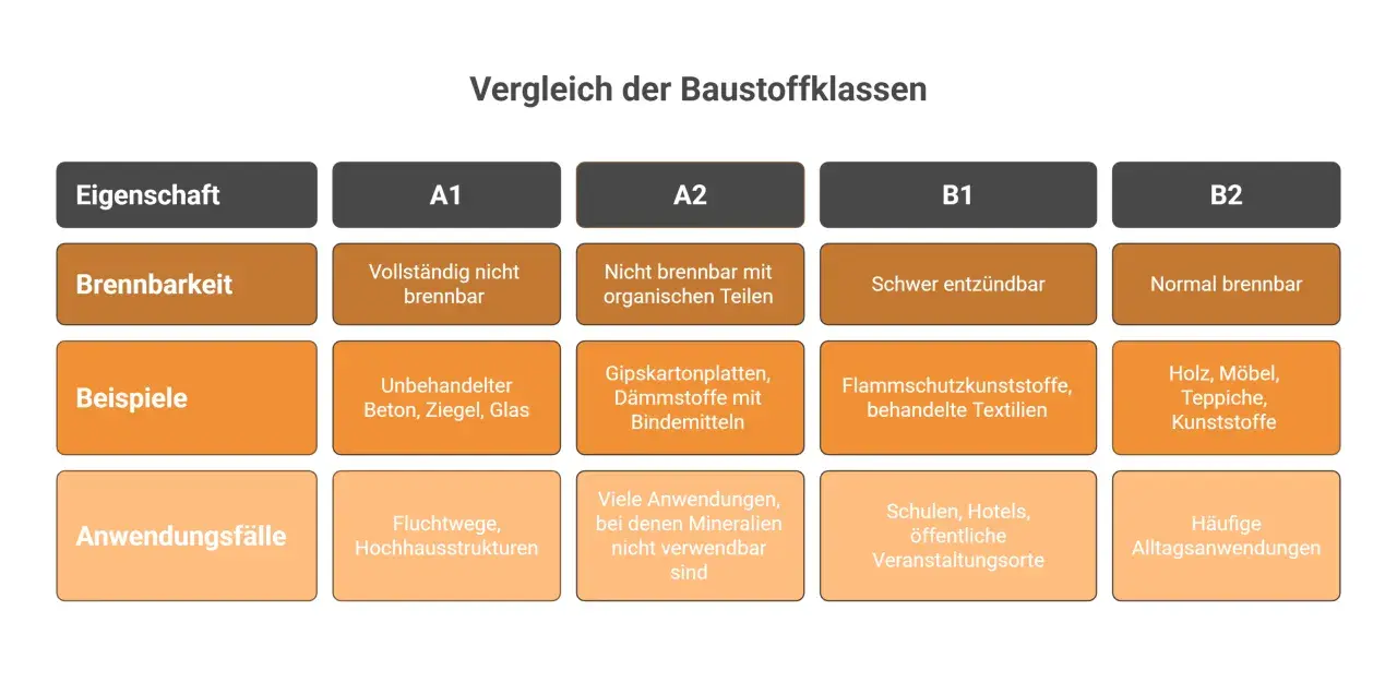 Vergleich der Baustoffklassen: B2 ist normal brennbar, Beispiele sind Holz, Möbel, Teppiche, Kunststoffe für häufige Alltagsanwendungen.