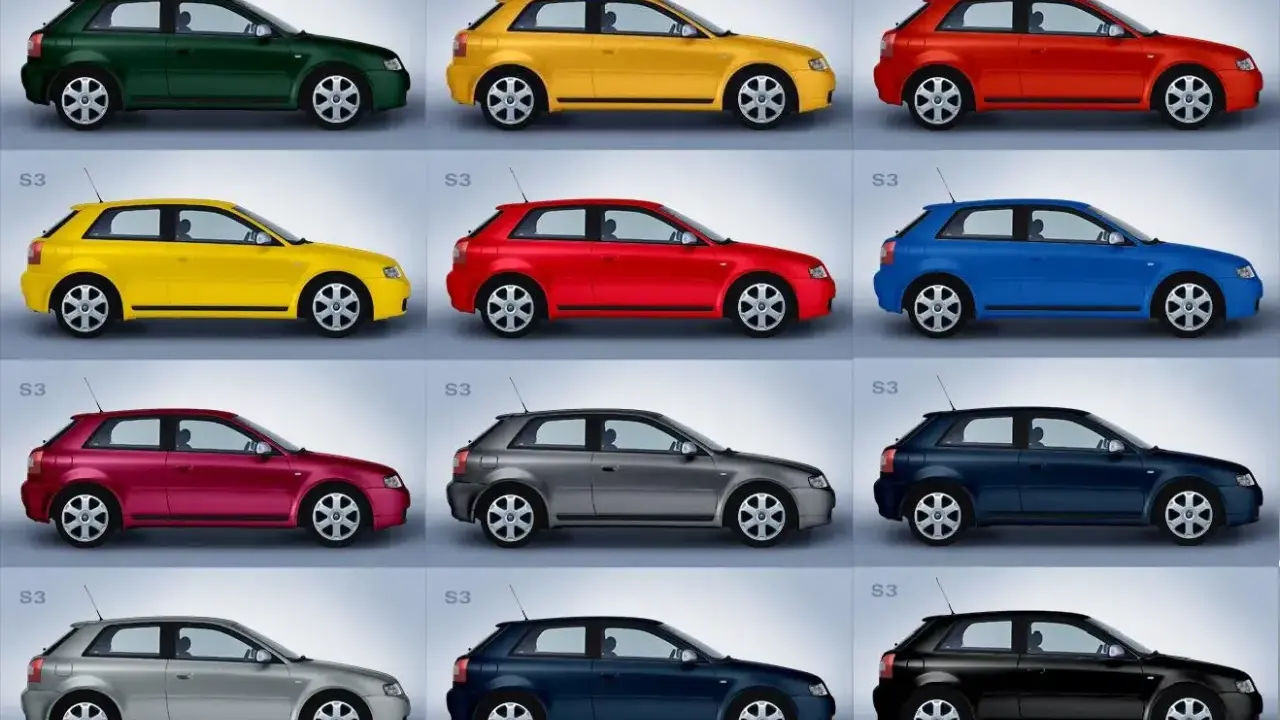 Doce coches Audi S3 en diferentes colores, incluyendo un elegante color gris coche.