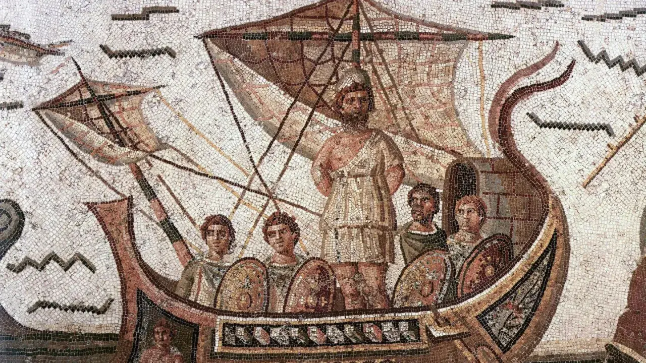 Antike Mosaik: Odysseus auf seinem Schiff, auf dem Weg zu seiner Insel. Männer mit Schilden und ein Mann mit Bart stehen an Bord.