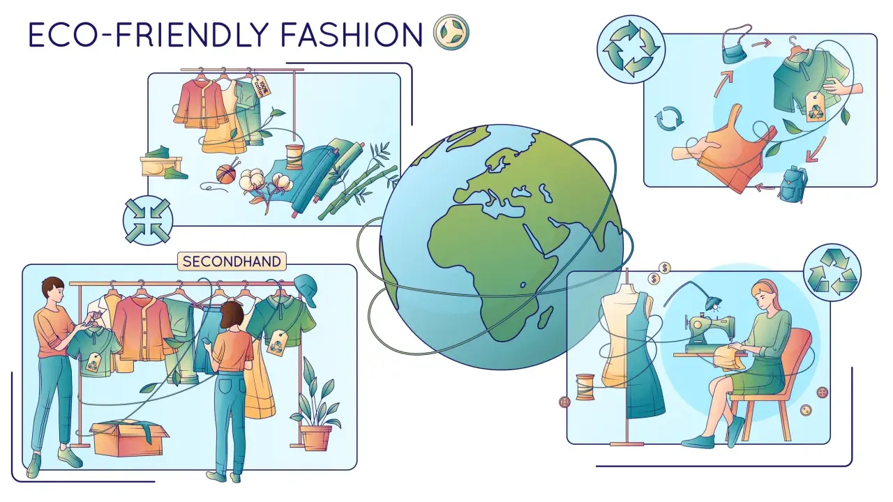 Illustrazione che mostra l'economia circolare nella moda: abiti di seconda mano, riciclo e sartoria.