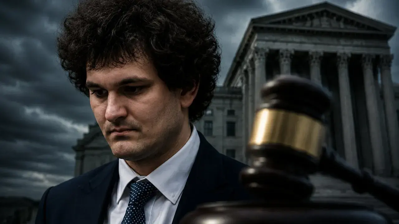 Sam Bankman-Fried w garniturze, zamyślony, na tle sądu i młotka sędziowskiego.