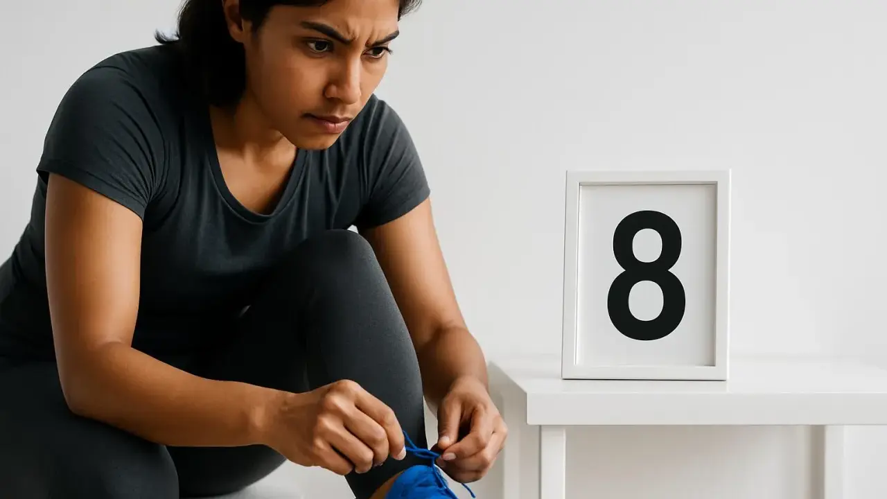 Donna si allaccia le scarpe da corsa, pronta per il suo programma corsa per dimagrire. Il numero 8 in un quadro suggerisce il giorno 8 del suo percorso.