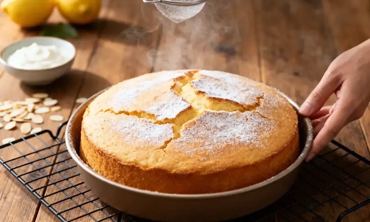 Un délicieux gâteau sans beurre, saupoudré de sucre glace, sort du four. Des citrons et de la crème sont à proximité.
