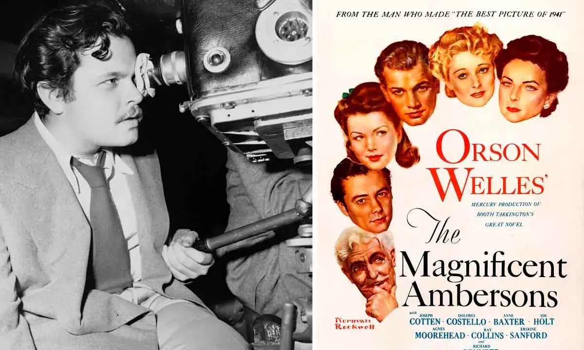 Orson Welles bakom kameran, bredvid en affisch för hans film "The Magnificent Ambersons".