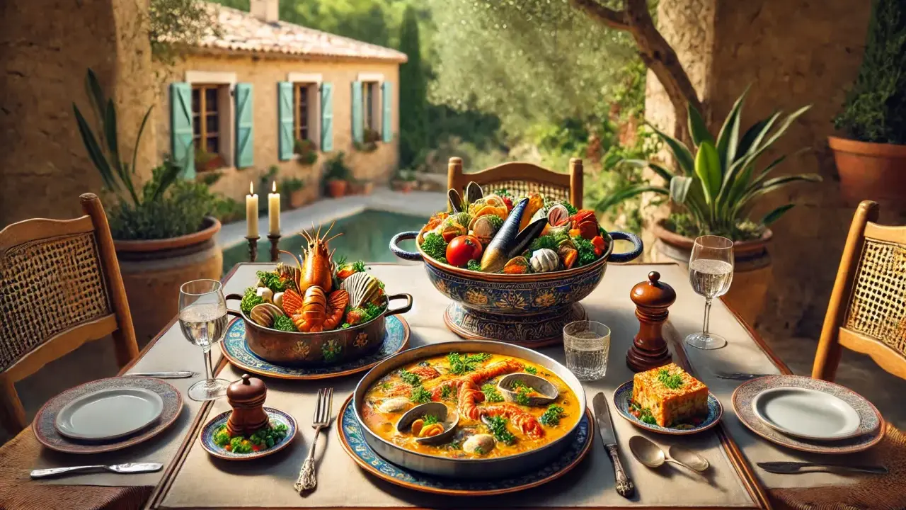 Un festin de spécialités provençales : homard, fruits de mer et bouillabaisse sur une table dressée en terrasse, avec une piscine et une villa en arrière-plan.