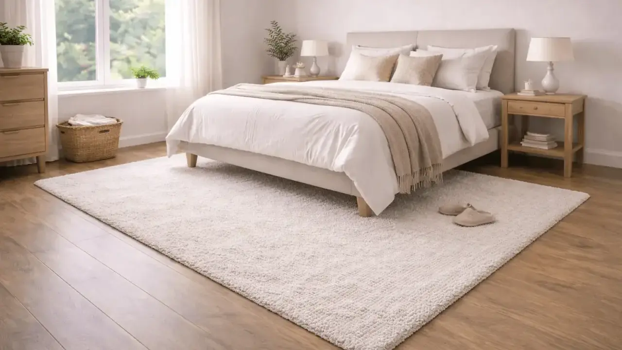 En ljus sovrumsmatta placerad framför en säng med vita sängkläder och en beige pläd.