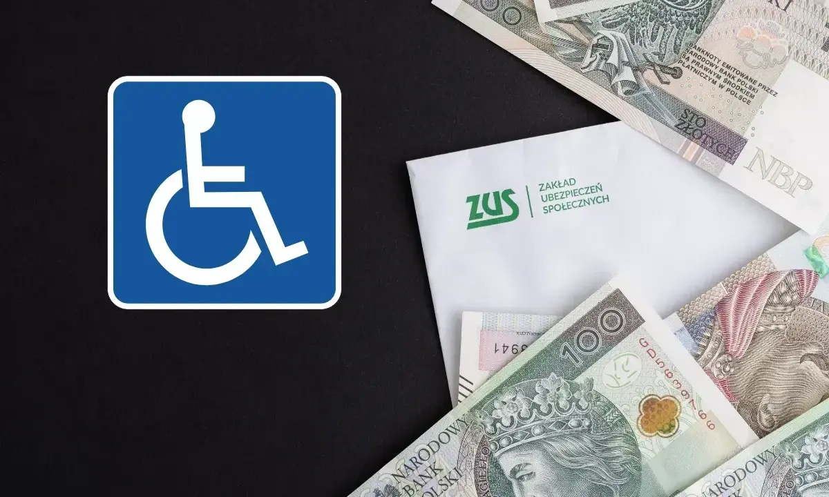 Symbol osoby na wózku inwalidzkim obok koperty ZUS i polskich banknotów. To symbol wsparcia, co to renta.