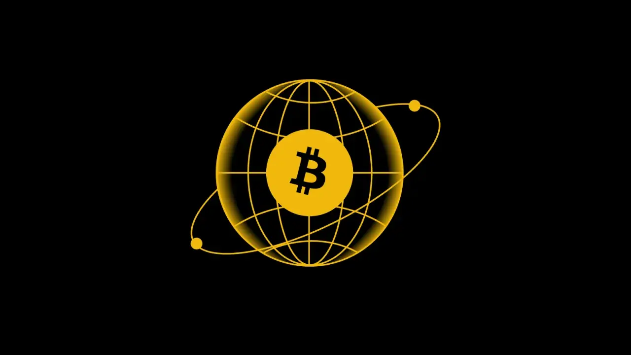 Żółta kula ziemska z symbolem Bitcoina w środku. Dowiedz się, jak płacić bitcoinem globalnie.