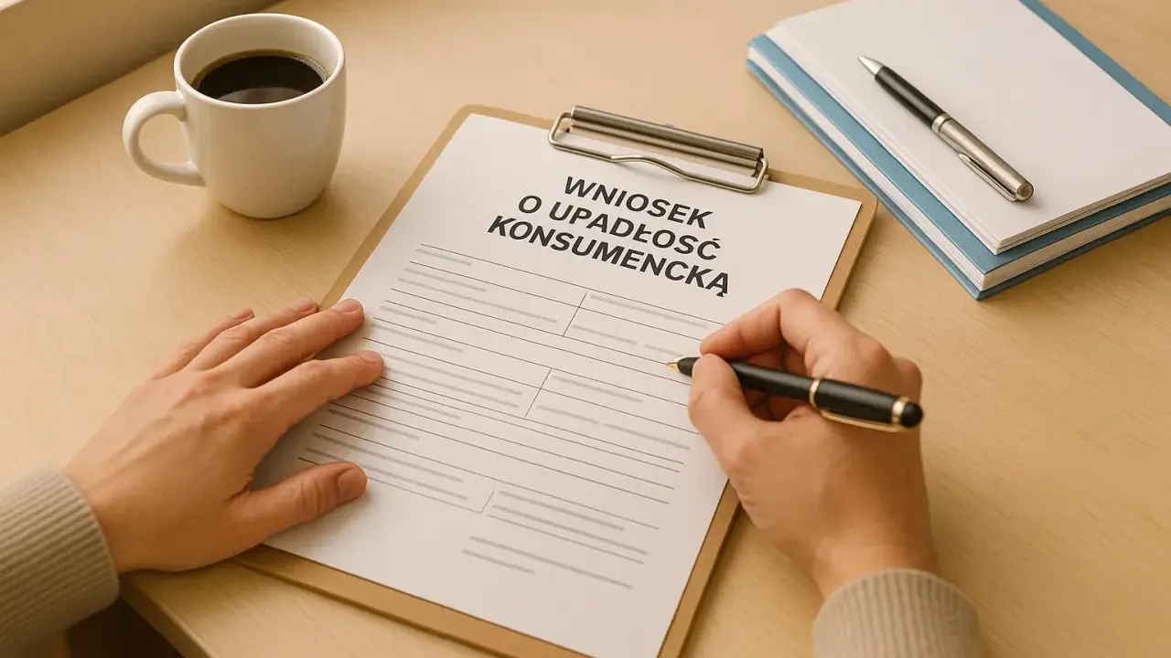 Dłoń wypełnia wniosek o upadłość konsumencką. Obok filiżanka kawy i notatnik.