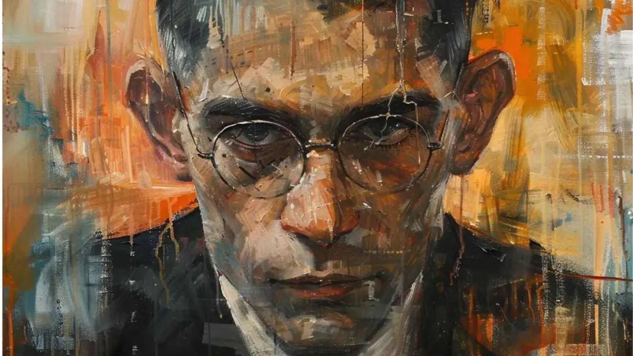 Ritratto intenso di Franz Kafka, con pennellate vibranti e un'espressione enigmatica che cattura l'essenza delle sue opere.