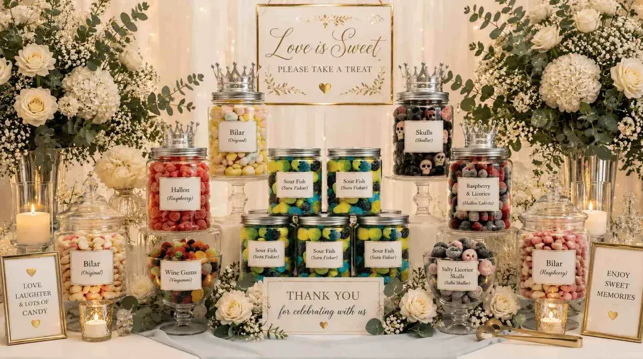 Mesa de dulces para bodas, con frascos de chuches como preparar bolsas de chuches originales. Flores y velas decoran.