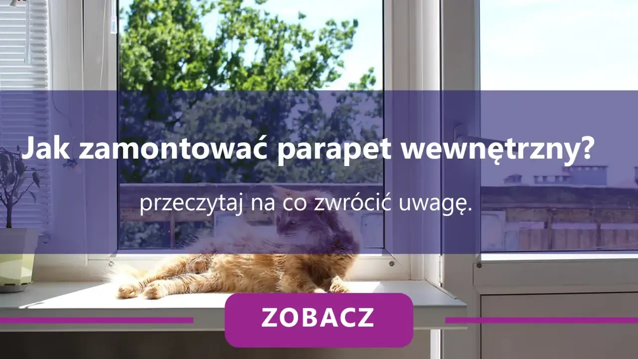 Kot na parapecie, a nad nim tekst: "Jak zamontować parapet wewnętrzny? Przeczytaj na co zwrócić uwagę.