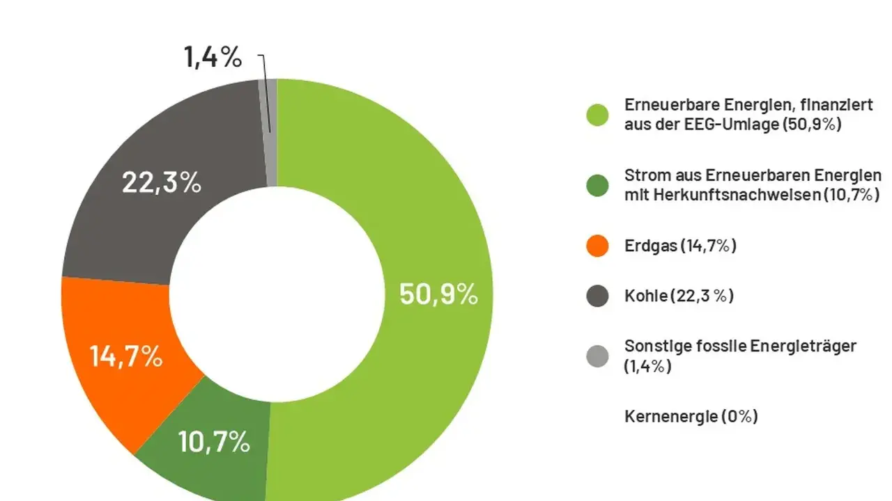 Kreisdiagramm zeigt, woher der Strom kommt: 50,9% aus erneuerbaren Energien (EEG-Umlage), 22,3% aus Kohle, 14,7% aus Erdgas.