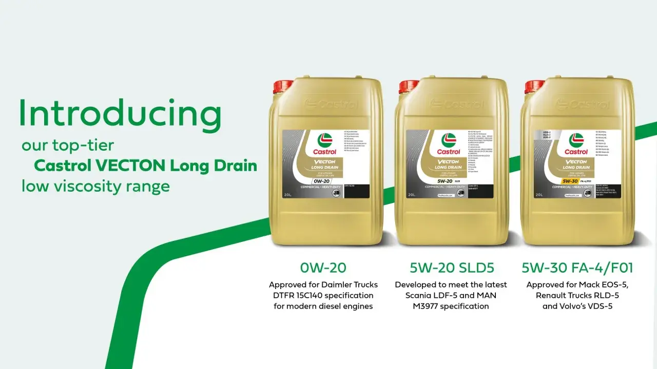 Castrol VECTON Long Drain: dobór oleju dla nowoczesnych silników. Trzy oleje o niskiej lepkości: 0W-20, 5W-20 SLD5, 5W-30 FA-4/F01.