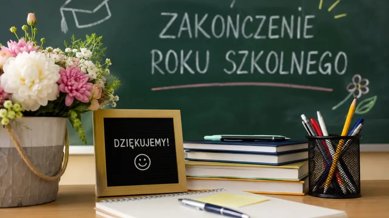 Kwiaty, tabliczka z napisem "DZIĘKUJEMY!" i uśmiechem, stos książek i przybory piśmiennicze na biurku. Na tablicy napis "ZAKOŃCZENIE ROKU SZKOLNEGO".