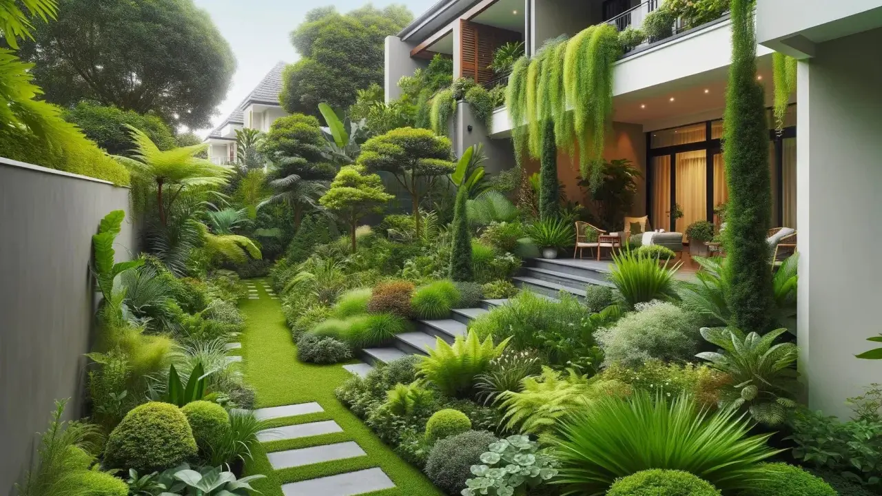Magnifique aménagement terrasse devant maison, un jardin luxuriant avec des allées en gazon, des marches en pierre et une végétation dense et variée.