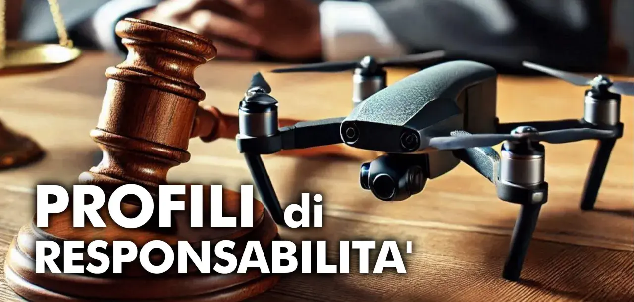 Martelletto del giudice e drone, per discutere i profili di responsabilità e le possibili conseguenze, come una multa per drone senza patentino.
