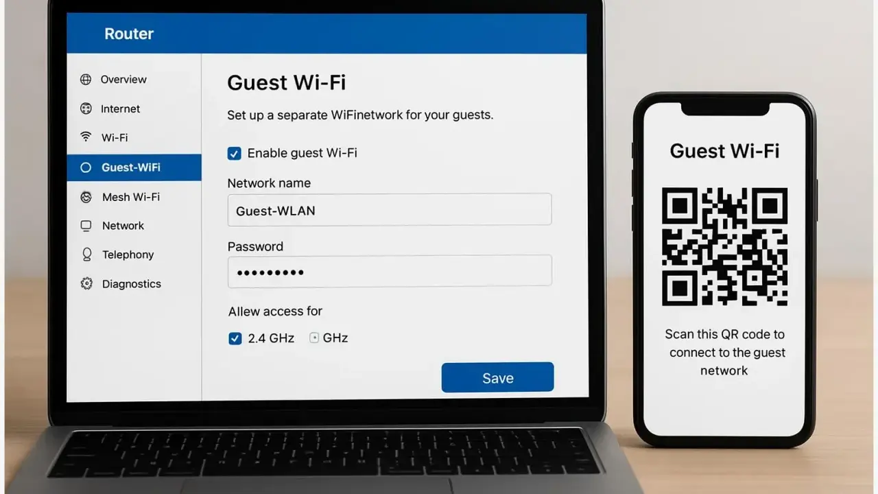 Ein Laptop zeigt die Einrichtung eines Gast-WLANs, während ein Smartphone einen QR-Code für den **WLAN-Gastzugang** anzeigt. Das Risiko liegt in der einfachen Verbindung für Gäste.