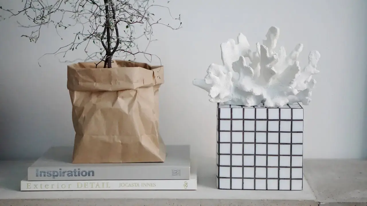 En växt i en brun papperspåse står bredvid en vit korallliknande dekoration på en rutig vas. En inspirerande diy vas-idé.