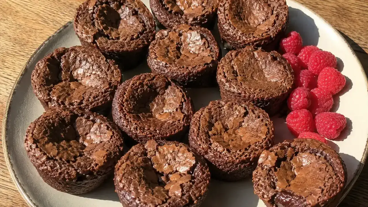 En tallrik med kladdkakemuffins och hallon. Perfekt för ett kladdkakemuffins recept!