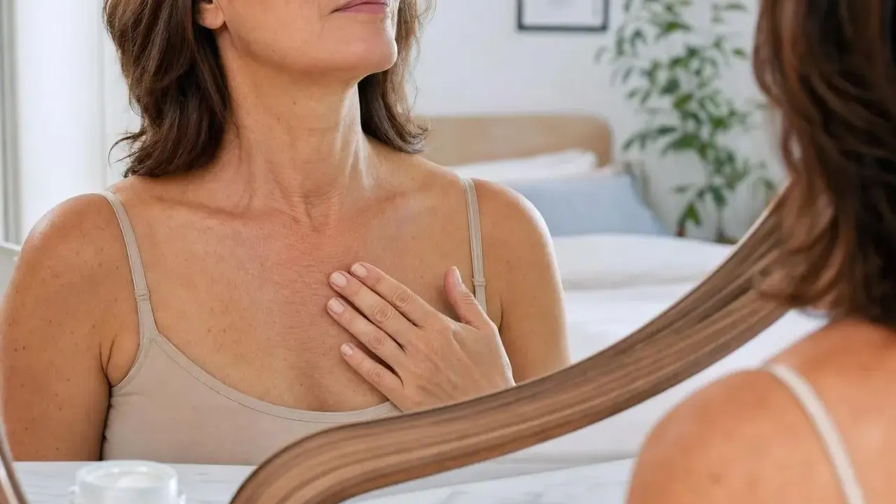 Une femme examine son décolleté dans un miroir, sa main effleurant doucement les rides.