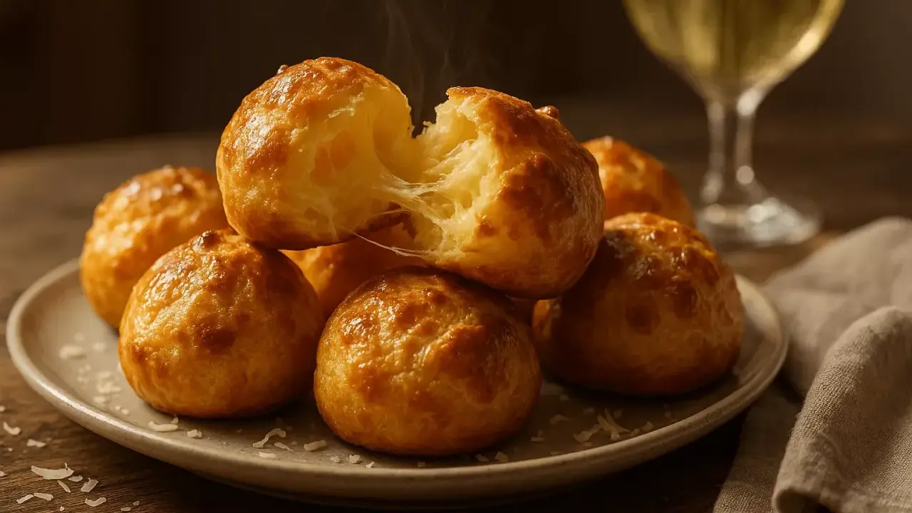 Gougeres au fromage chauds et filants, prêts à être dégustés avec un verre de vin blanc.