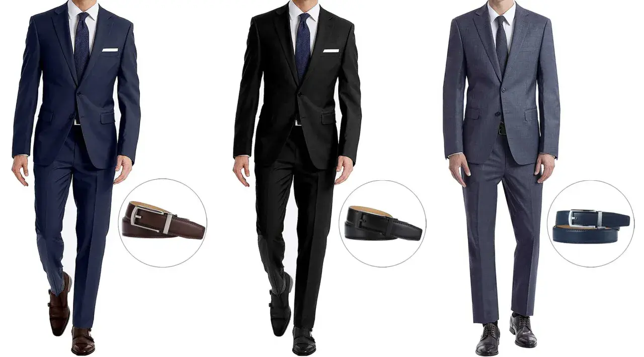 Three men in suits: navy, black, and grey. Each suit is shown with a matching belt.