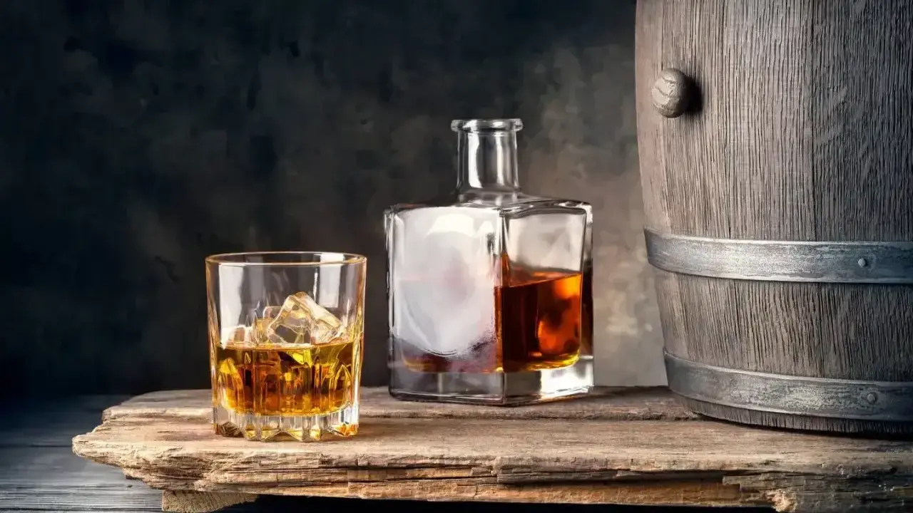 Szklanka z lodem i butelka whisky obok drewnianej beczki. Idealne połączenie, by dowiedzieć się, z czym pić whisky.
