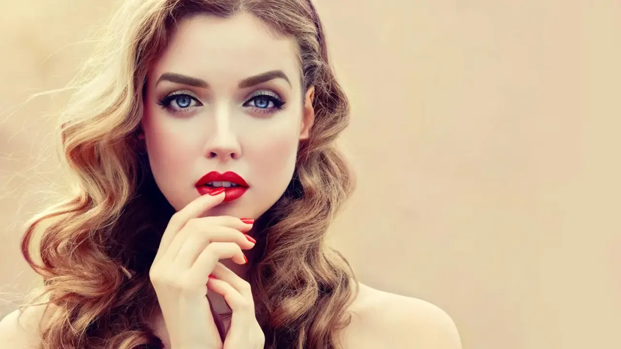 Glamouröse Frau mit voluminösen, welligen Haaren und roten Lippen. So gelingen Hollywood Waves selber machen!