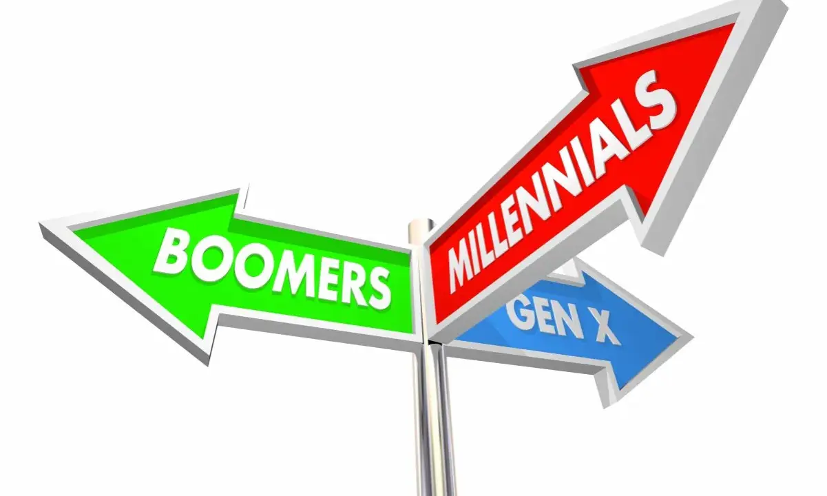 Znak drogowy z napisem "Boomers" w lewo, "Millennials" w prawo i "Gen X" w dół. Kto to?