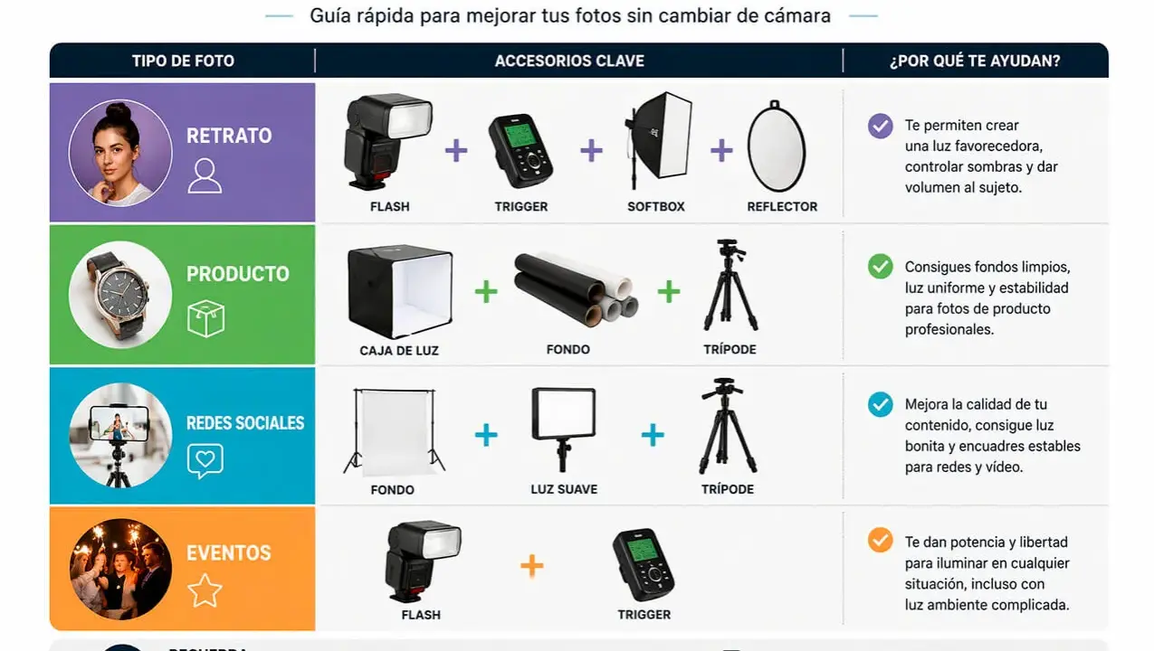 Guía para elegir accesorios de fotografía: flash, softbox, trípode y más. Ideal para echar una foto perfecta en retratos, productos o eventos.