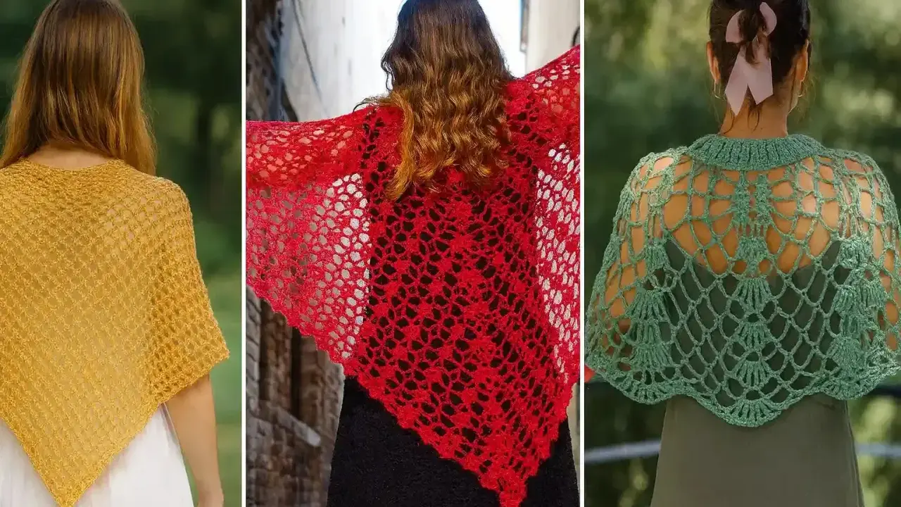 Tres ponchos a crochet rectangulares: uno amarillo, uno rojo y uno verde.