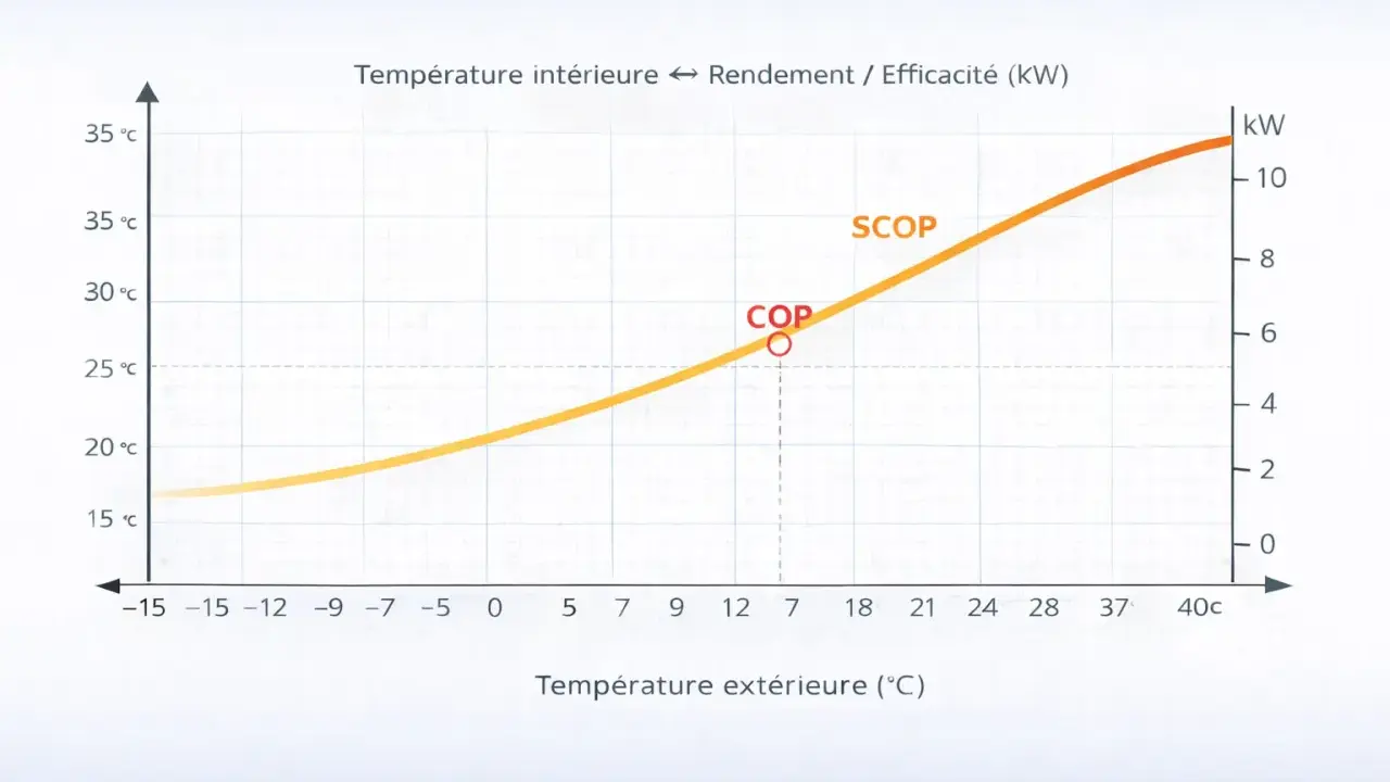 Courbe montrant le rendement d'une climatisation en fonction de la température extérieure. Le COP et le SCOP sont indiqués.