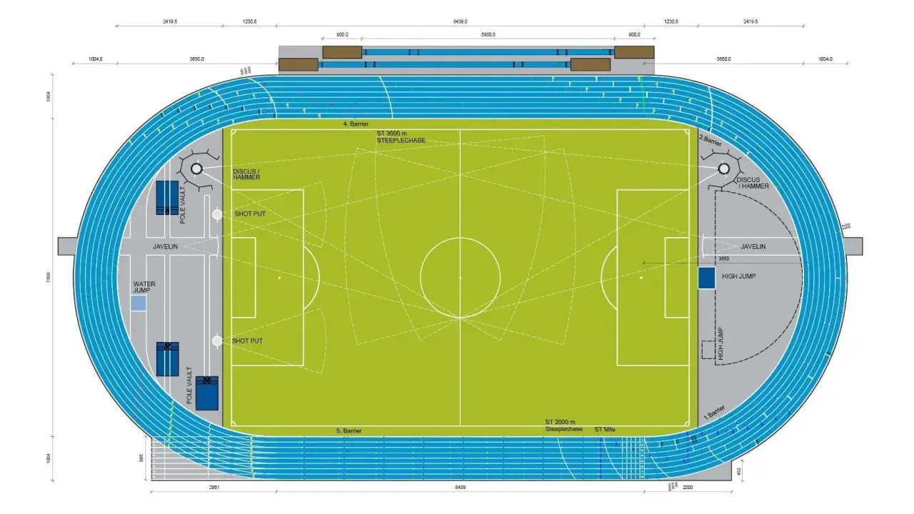 Grundriss einer Leichtathletikanlage mit Fußballfeld. Die Maße der Tartanbahn sind angegeben, um zu zeigen, wie lang eine Tartanbahn sein kann.