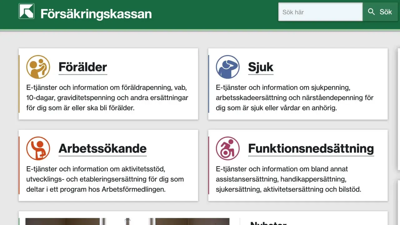 Försäkringskassan visar information om föräldrar, sjukdom och funktionsnedsättning. Graviditetspenning finns under föräldrar.