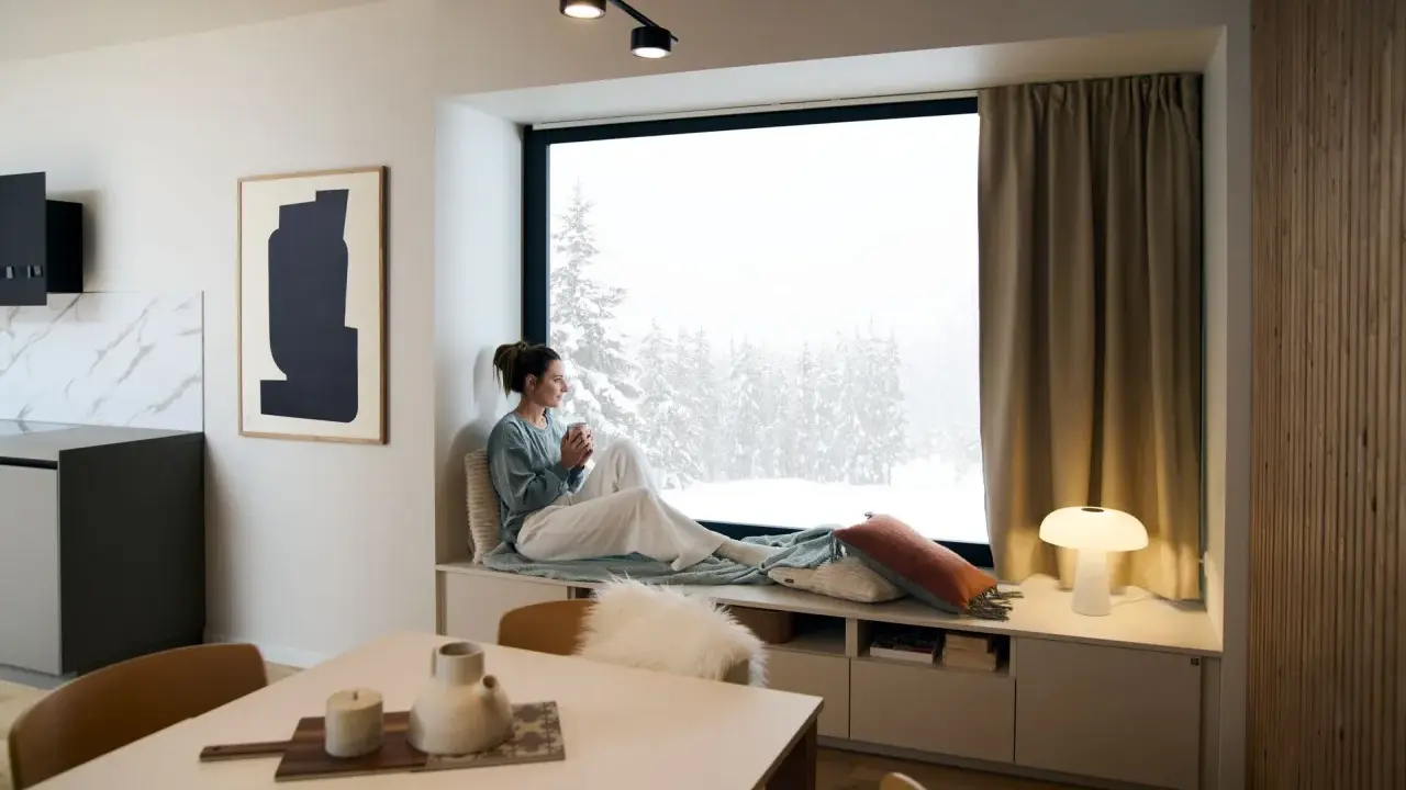Femme savourant une boisson chaude dans un coin lecture cocooning, regardant la neige tomber.