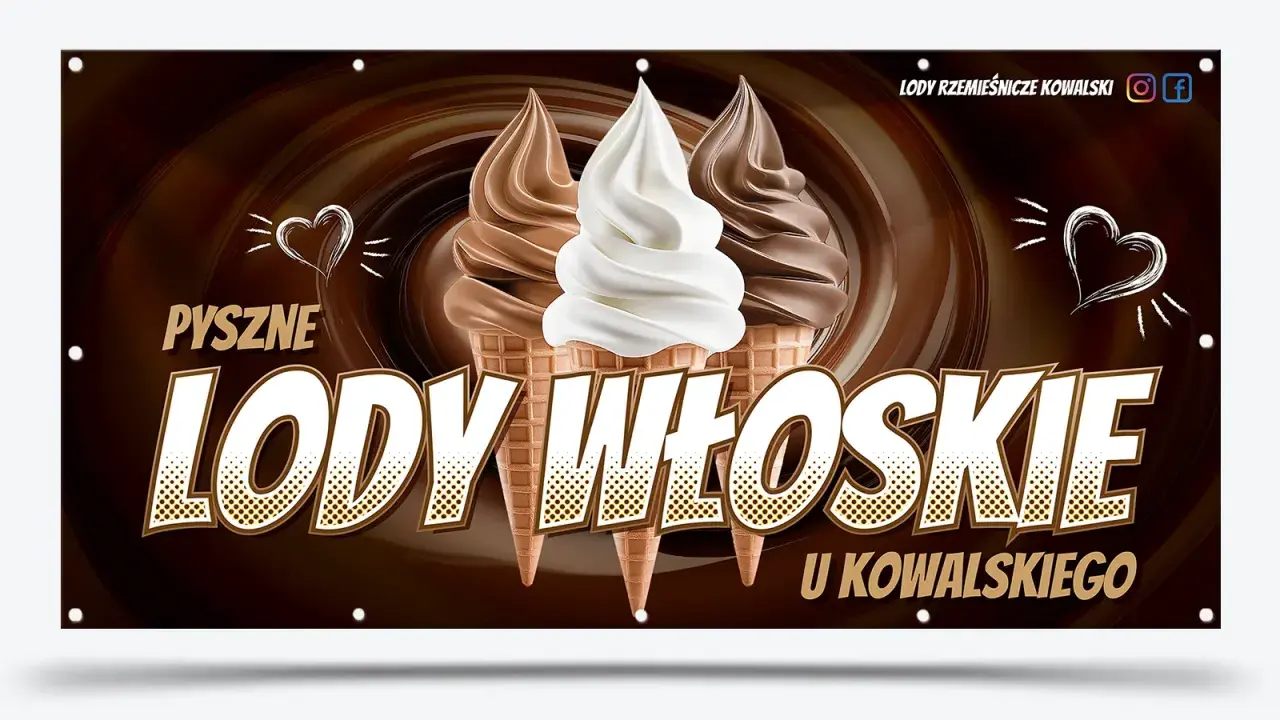 Pyszne lody włoskie u Kowalskiego! Reklama produktu plakat zachęca do spróbowania lodów rzemieślniczych.