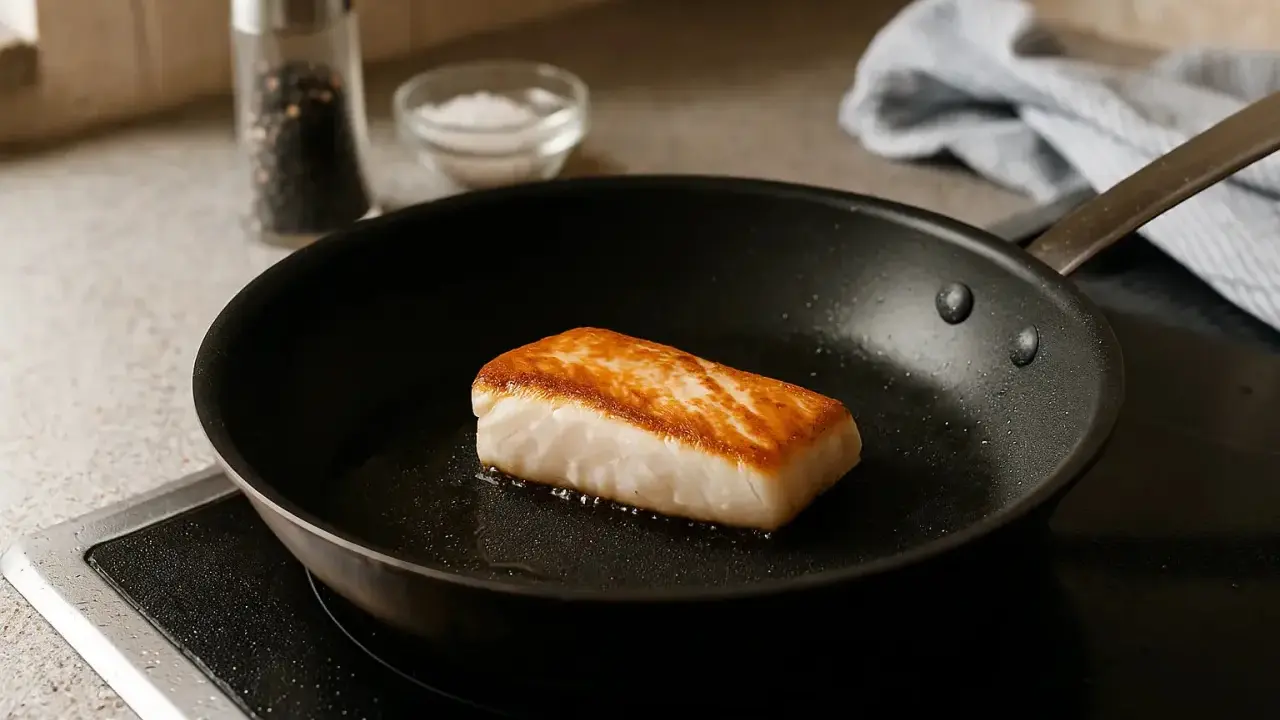 En bit torskfile steks gyllene i en stekpanna. Salt och pepparkvarn syns i bakgrunden.