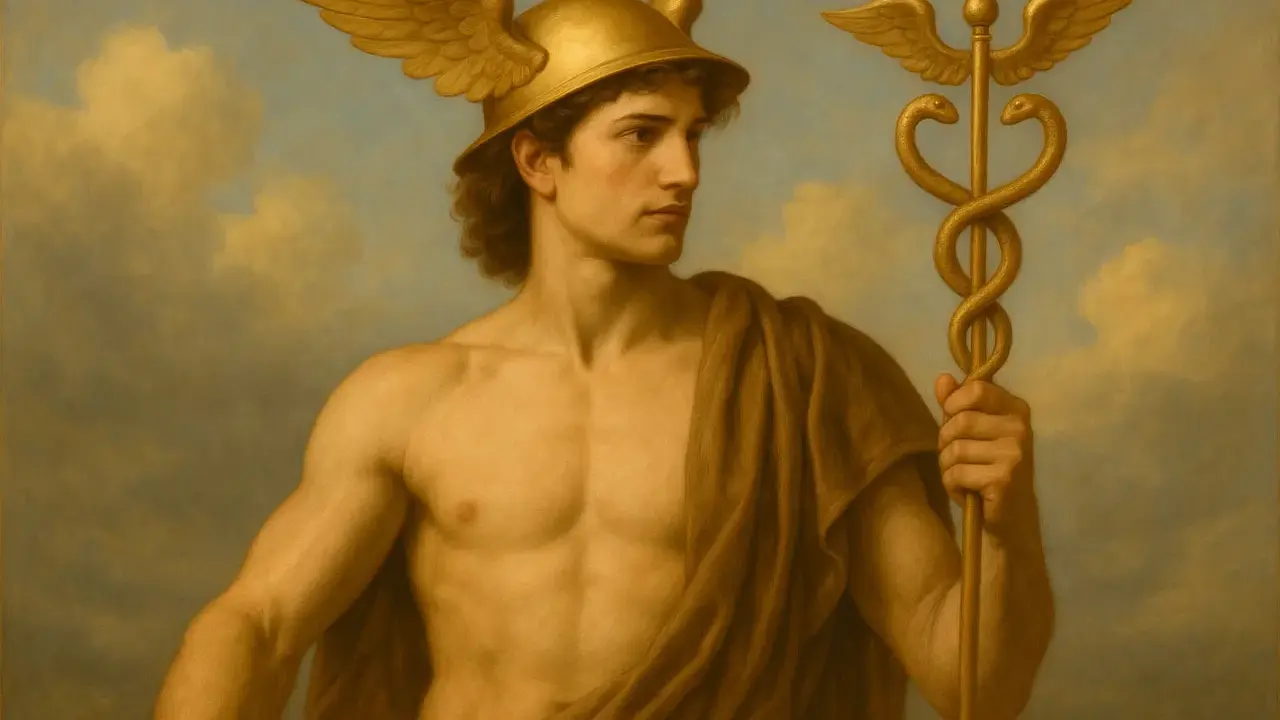 Hermes, der griechische Gott, trägt seinen geflügelten Helm und hält den Caduceus.