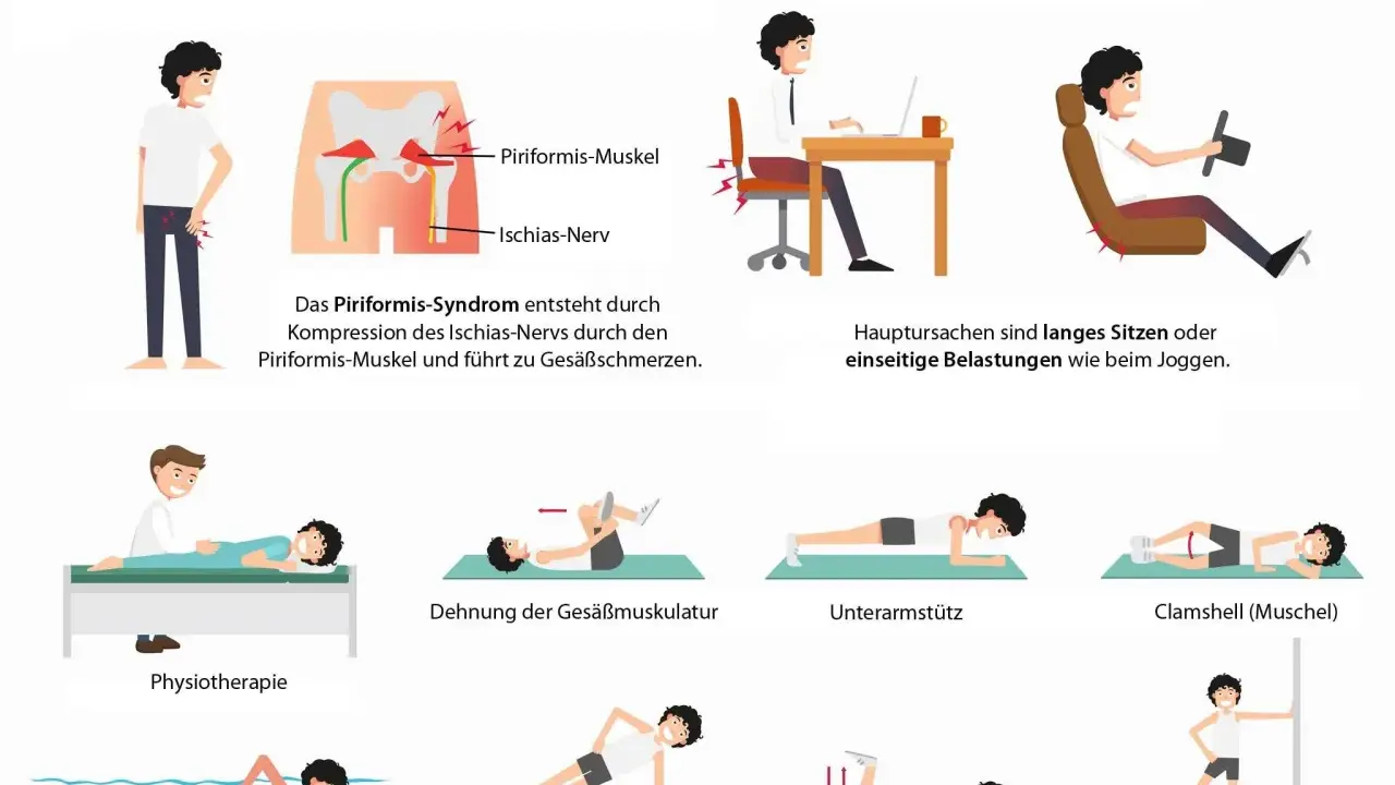 Illustrationen zeigen Übungen zur Linderung des Piriformis-Syndroms, wie Dehnung der Gesäßmuskulatur, Physiotherapie und Schwimmen.
