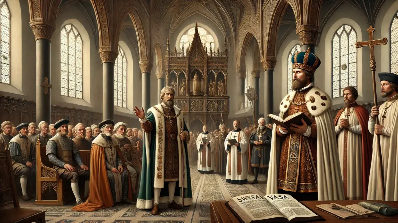 Kung Gustav Vasa läser ur en bok, omgiven av präster och adelsmän i en kyrka. Scenen skildrar reformationen i Sverige.