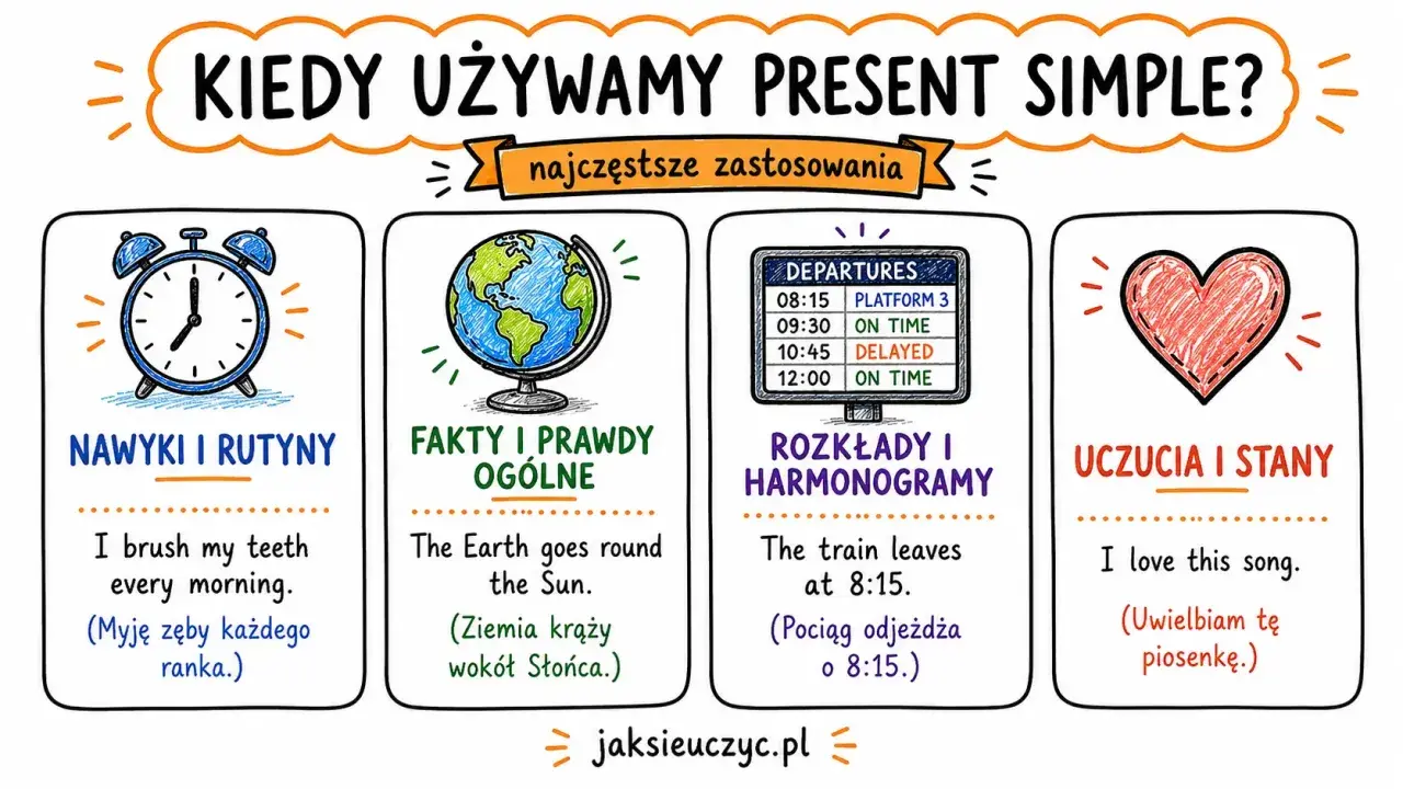 Kiedy używamy Present Simple? Nawyki (budzik), fakty (Ziemia), rozkłady (pociąg) i uczucia (serce).