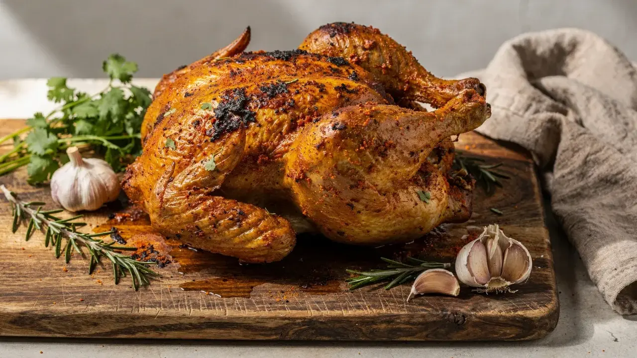 Pollo a la brasa dorado y jugoso, servido en tabla de madera con ajo, romero y cilantro. ¡Un festín para los sentidos!