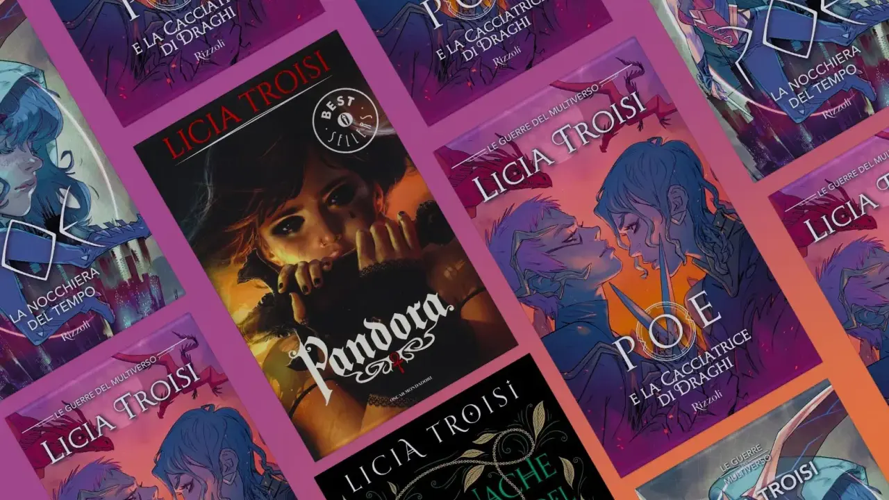 Copertine di libri di Licia Troisi: "Pandora", "Poe e la cacciatrice di draghi", "La nocchiera del tempo" e "Le guerre del multiverso".