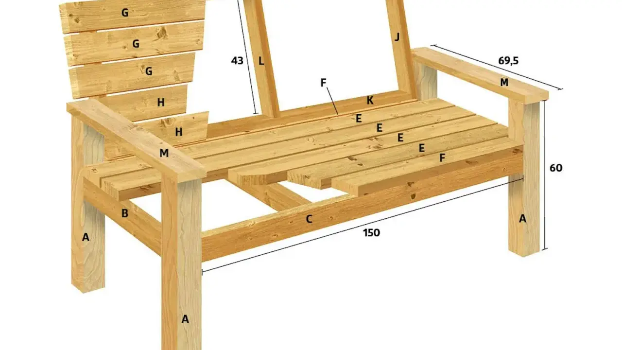 Ritning för att bygga enkel bänk ute. Visar delar och mått för en träbänk.