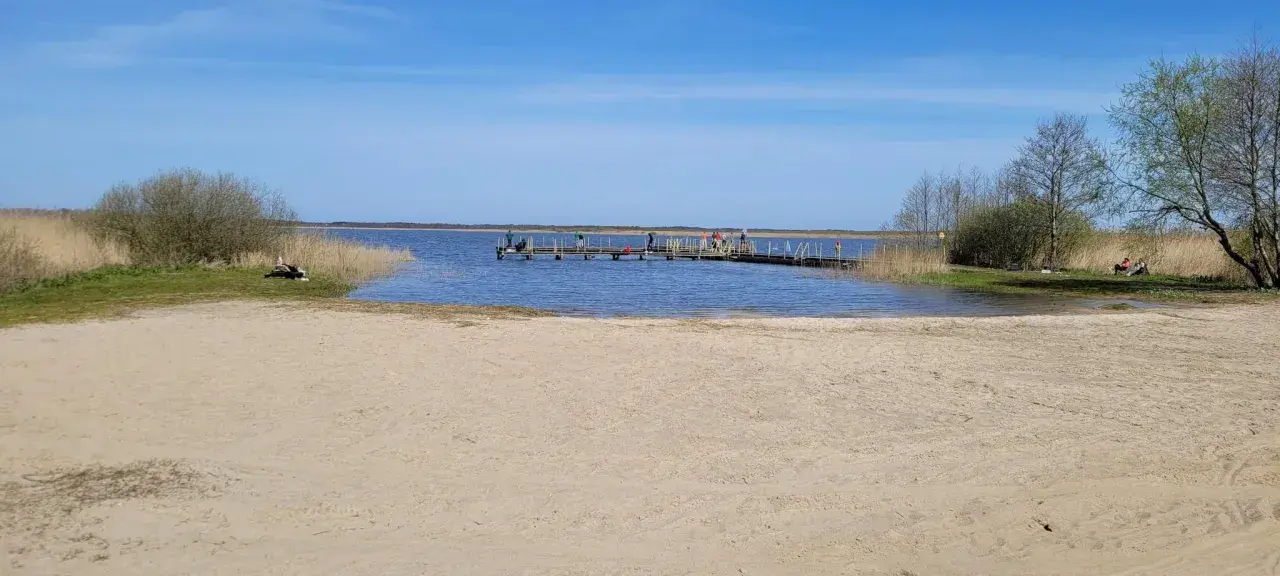 Plaża nad jeziorem Wicko, z pomostem, na którym stoją ludzie. W oddali widać trzciny i drzewa.